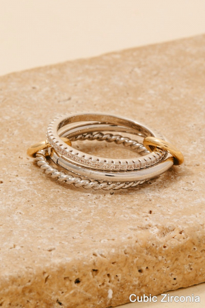 Gold Dipped Cz Studded Layered Linked Band Rings Set