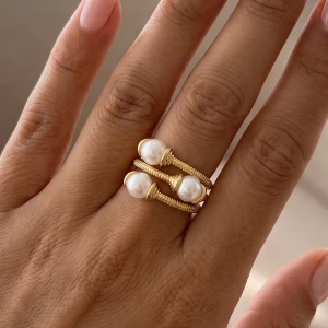 Triple Band Pearl Station Stacked Ring