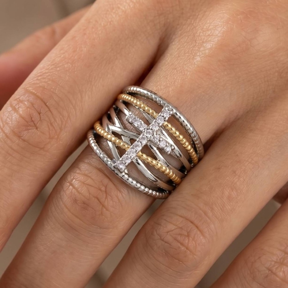 Cz Cross Bar Two-Tone Wide Multi-Band Ring