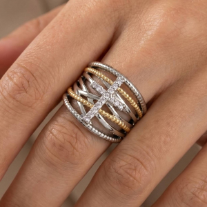 Cz Cross Bar Two-Tone Wide Multi-Band Ring