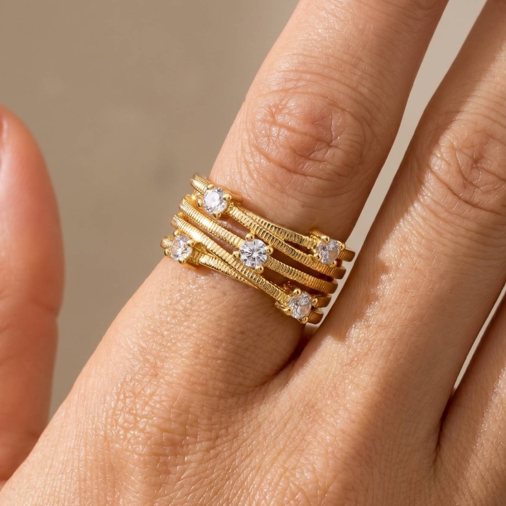 Textured Multi-Band Cz Station Open Cuff Ring