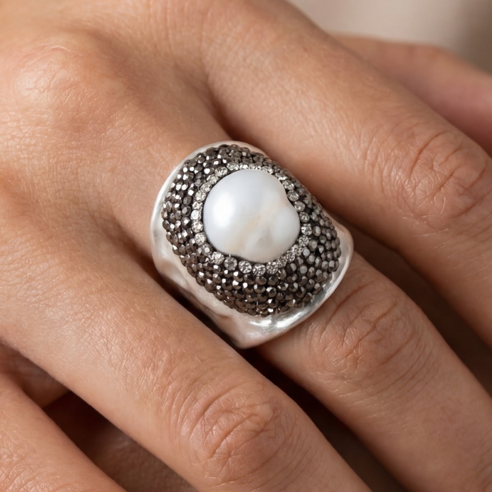 Pearl And Gunmetal Crystal Pave Wide Statement Ring