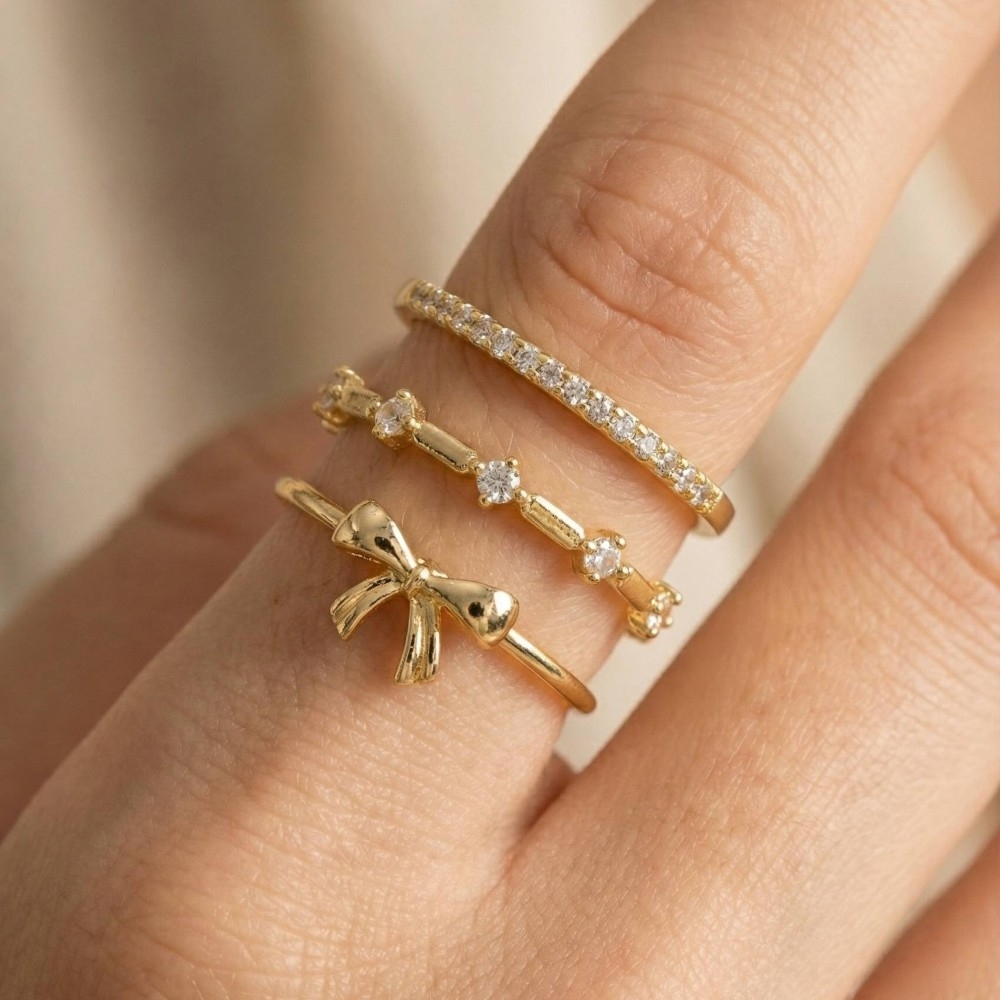 3 Piece Cz Studded Ribbon Bow Band Rings Set