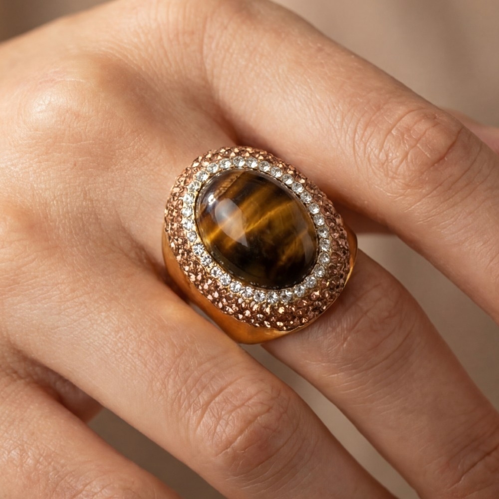 Tiger Eye Stone Pave Statement Ring