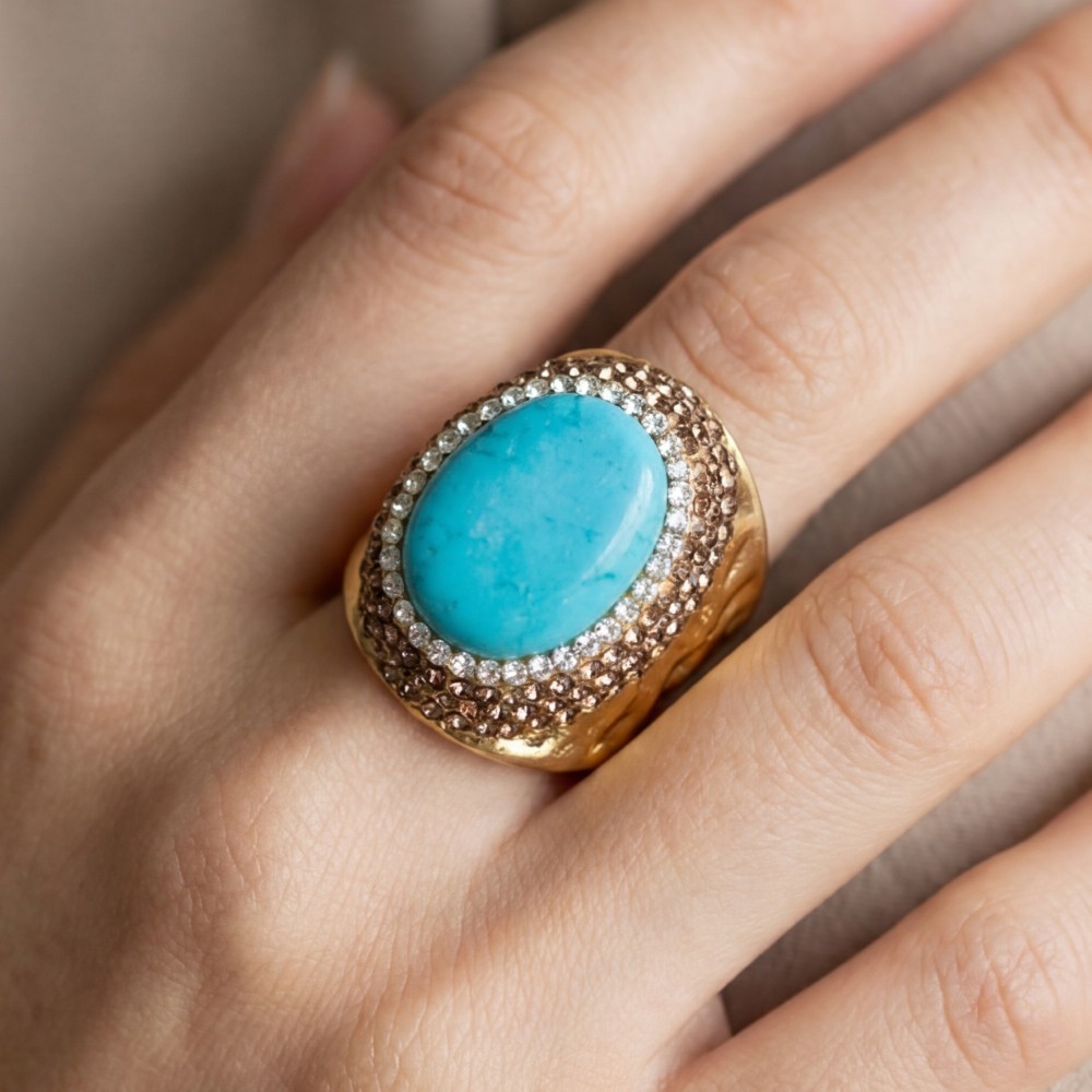 Oval Turquoise Stone Pave Statement Ring