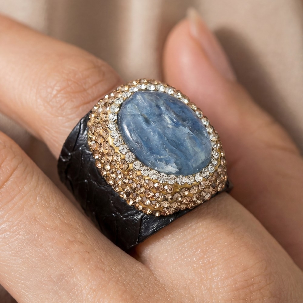 Pave Kyanite Stone With Leather Band Statement Ring