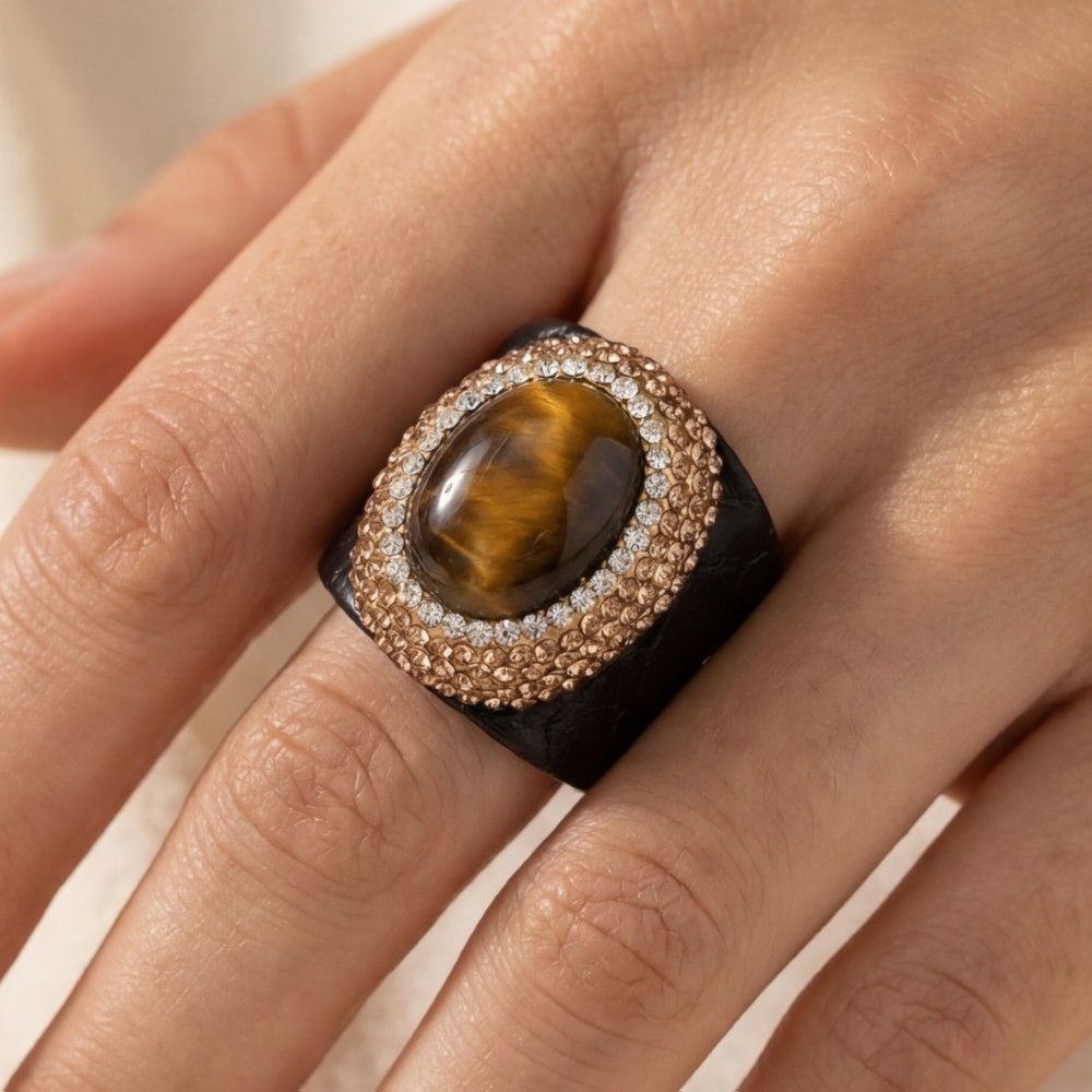 Pave Tiger Eye Stone With Leather Band Statement Ring