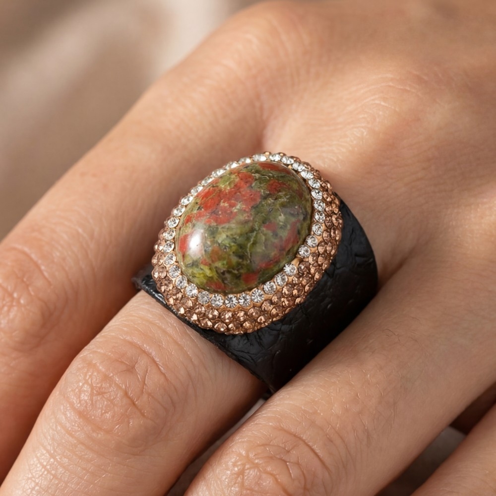 Pave Unakite Stones With Leather Band Statement Ring