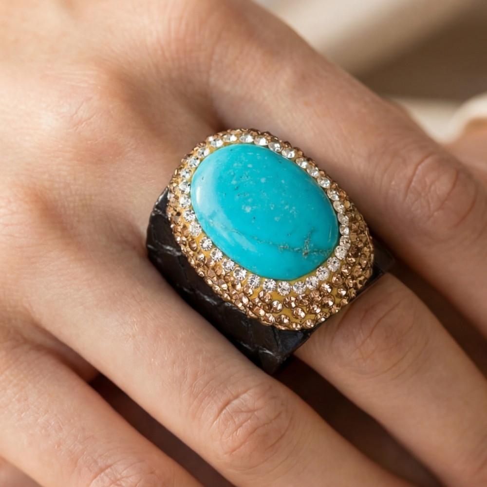 Pave Turquoise Stone With Leather Band Statement Ring