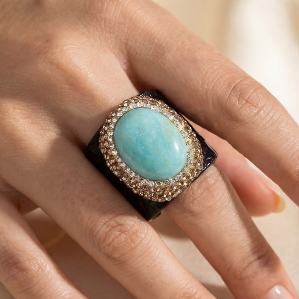 Pave Amazonite Stone With Leather Band Statement Ring