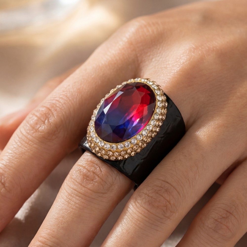 Pave Faceted Glass Stone With Leather Band Statement Ring