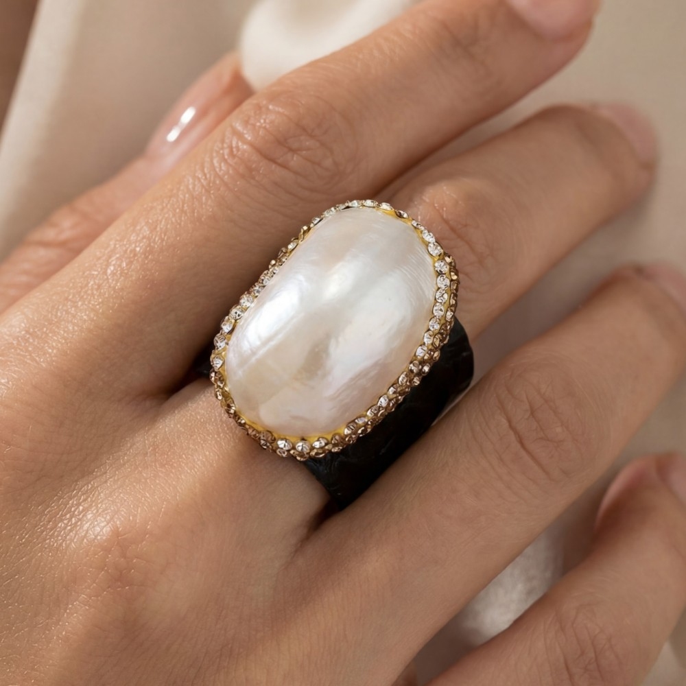 Irregular Shaped Pearl With Leather Band Statement Ring