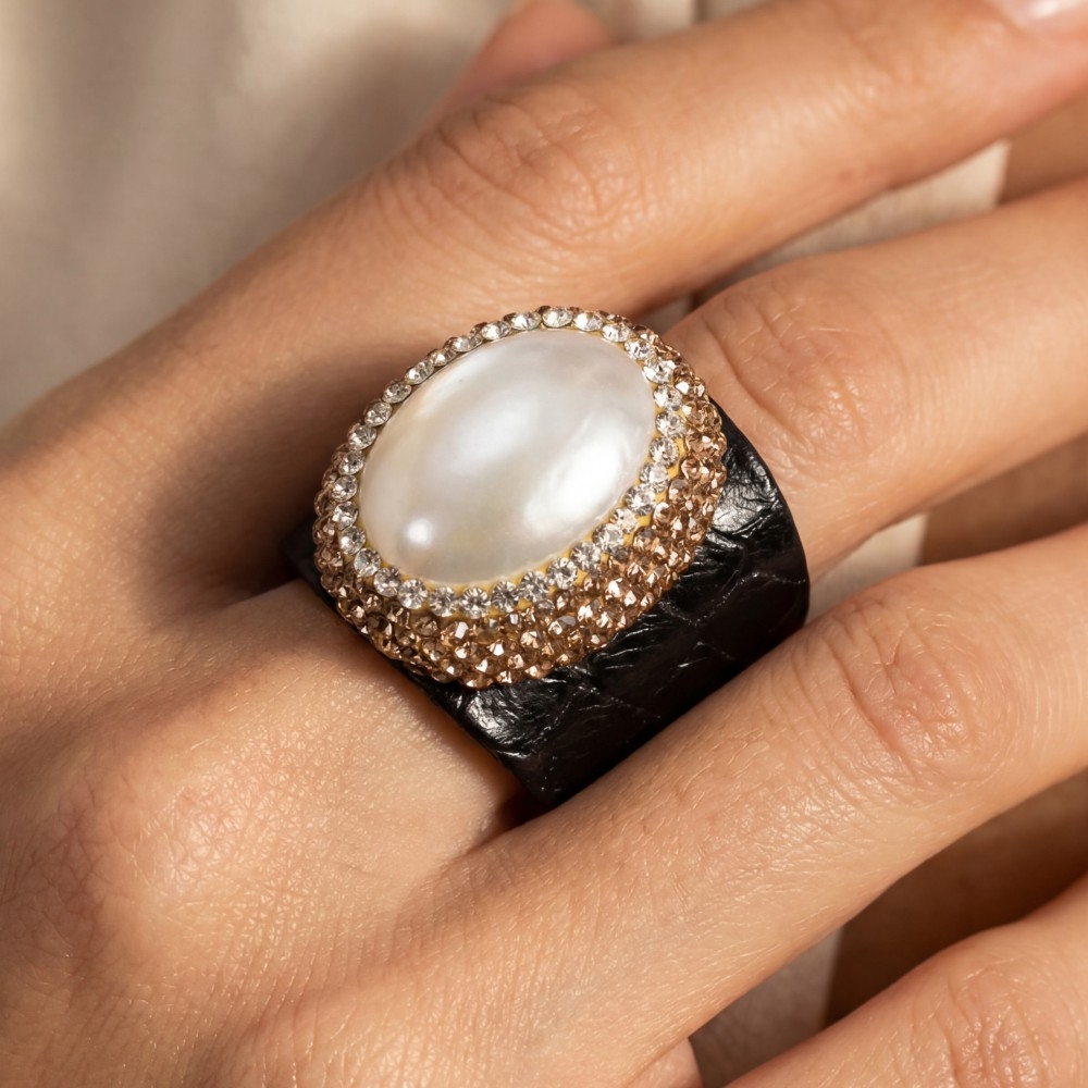 Pave Mother Of Pearl With Leather Band Statement Ring