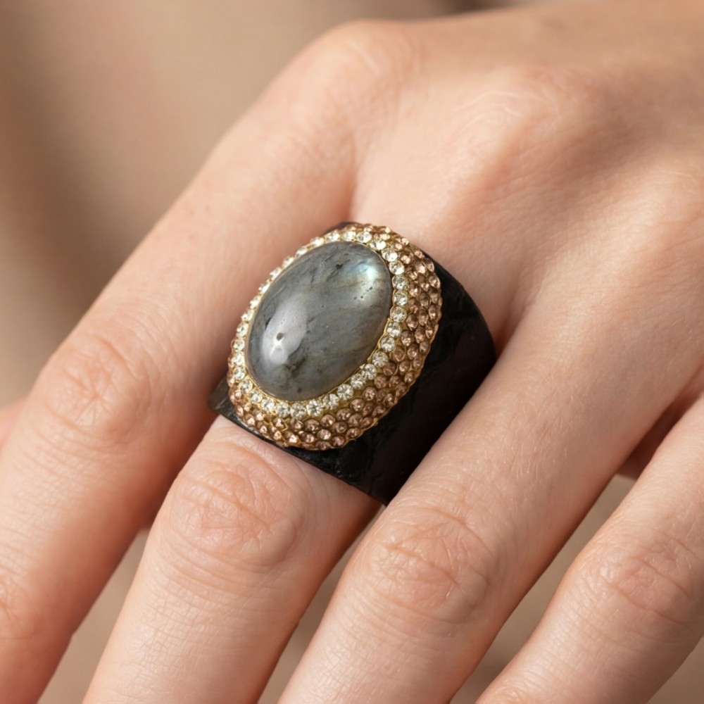 Pave Labradorite Stone With Leather Band Statement Ring