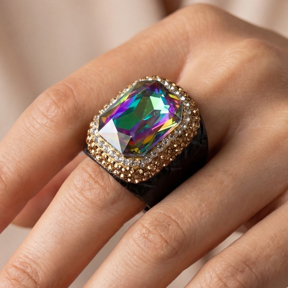 Pave Iridescent Faceted Glass Stone With Leather Band Ring