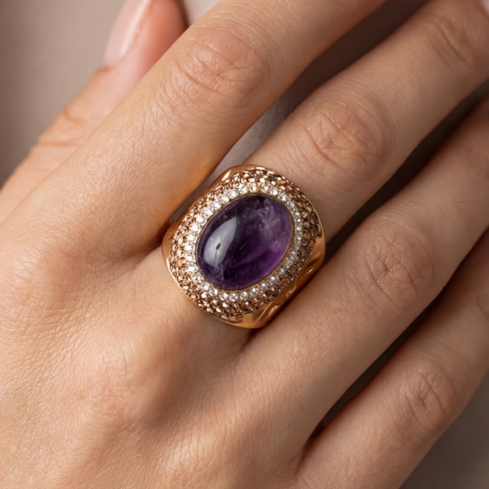 Oval Amethyst Stone Pave Statement Ring
