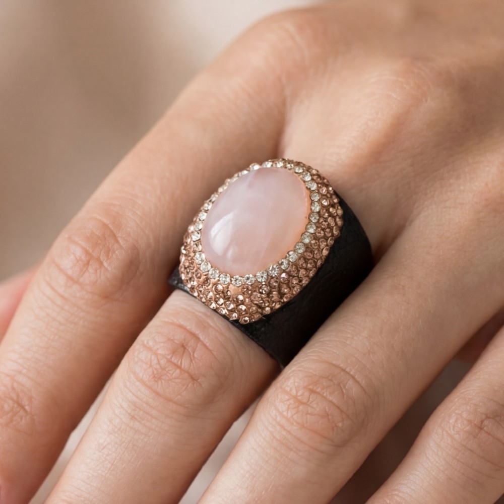 Pave Rose Quartz Stone With Leather Band Statement Ring