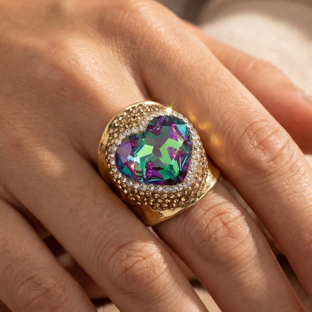 Faceted Crystal Heart Pave Statement Ring