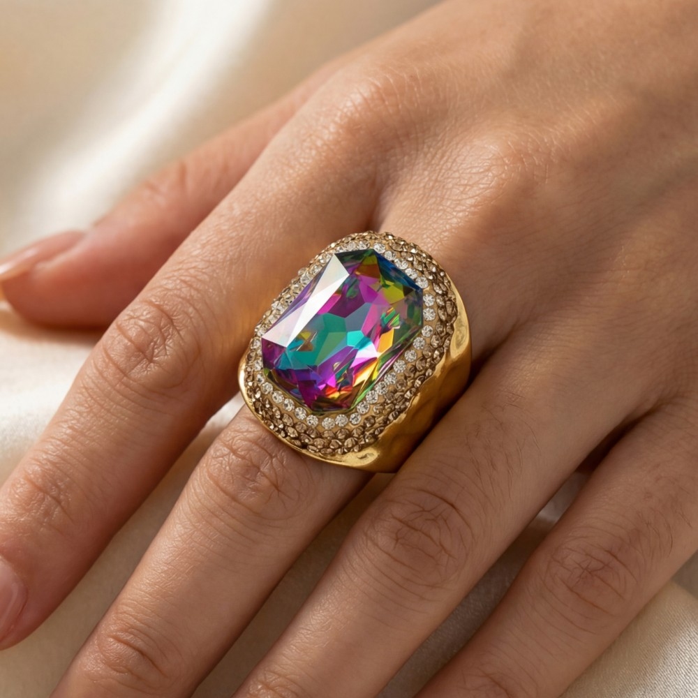 Faceted Crystal Pave Statement Ring