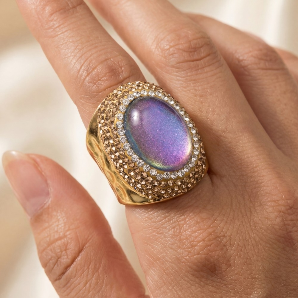 Oval Glass Stone Pave Statement Ring