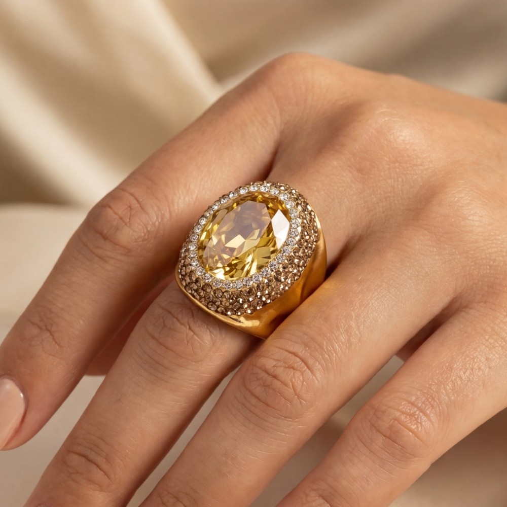 Pave Gold Faceted Glass Crystal Statement Ring