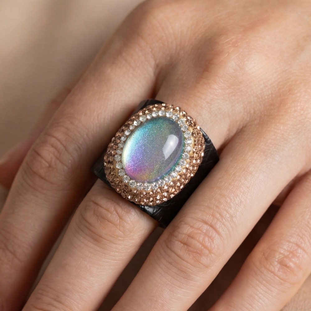 Oval Glass Stone Pave Leather Band Statement Ring