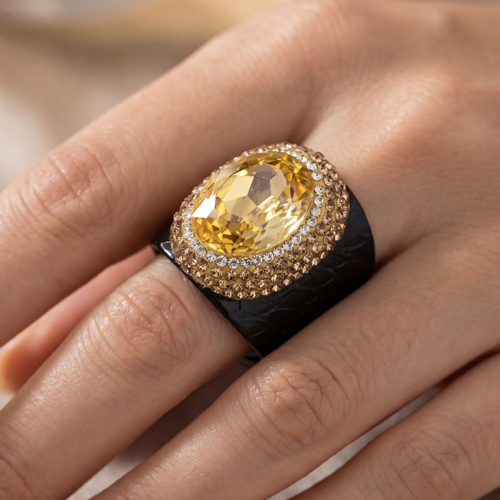 Pave Faceted Crystal With Leather Band Statement Ring