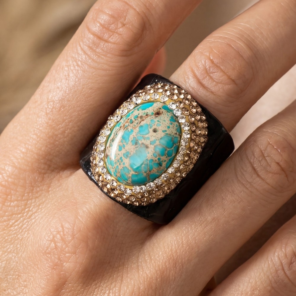 Pave Emperor Jasper Stone With Leather Band Ring
