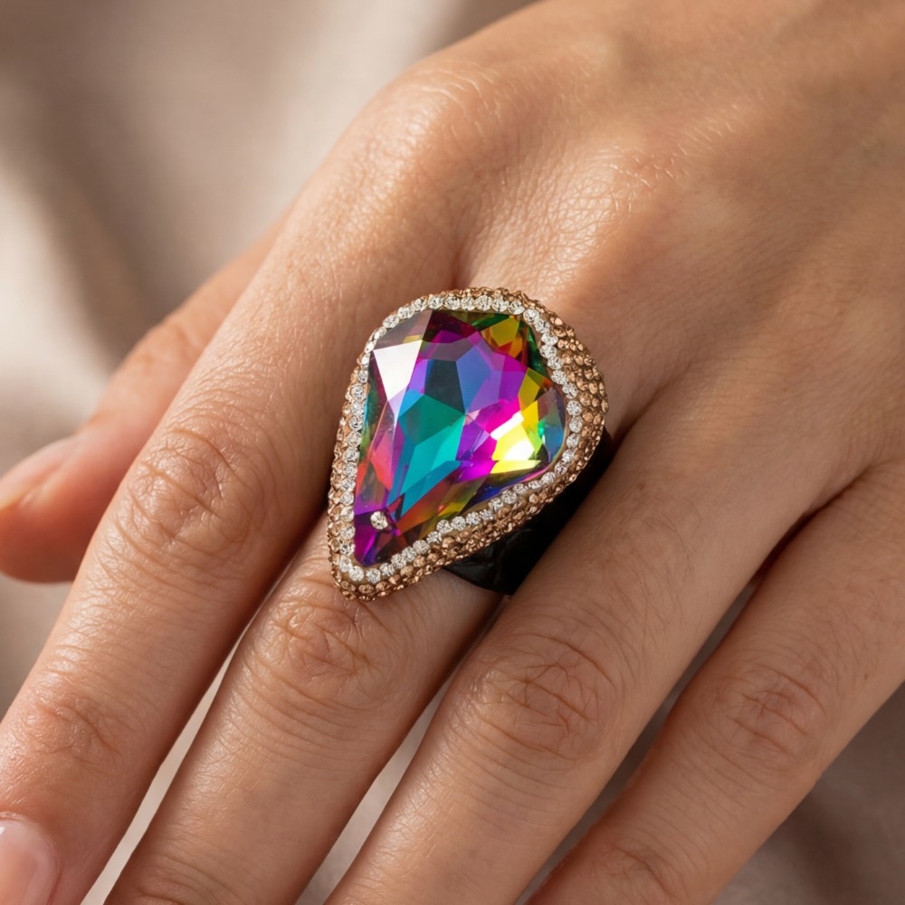 Pave Faceted Crystal Stone With Leather Band Ring