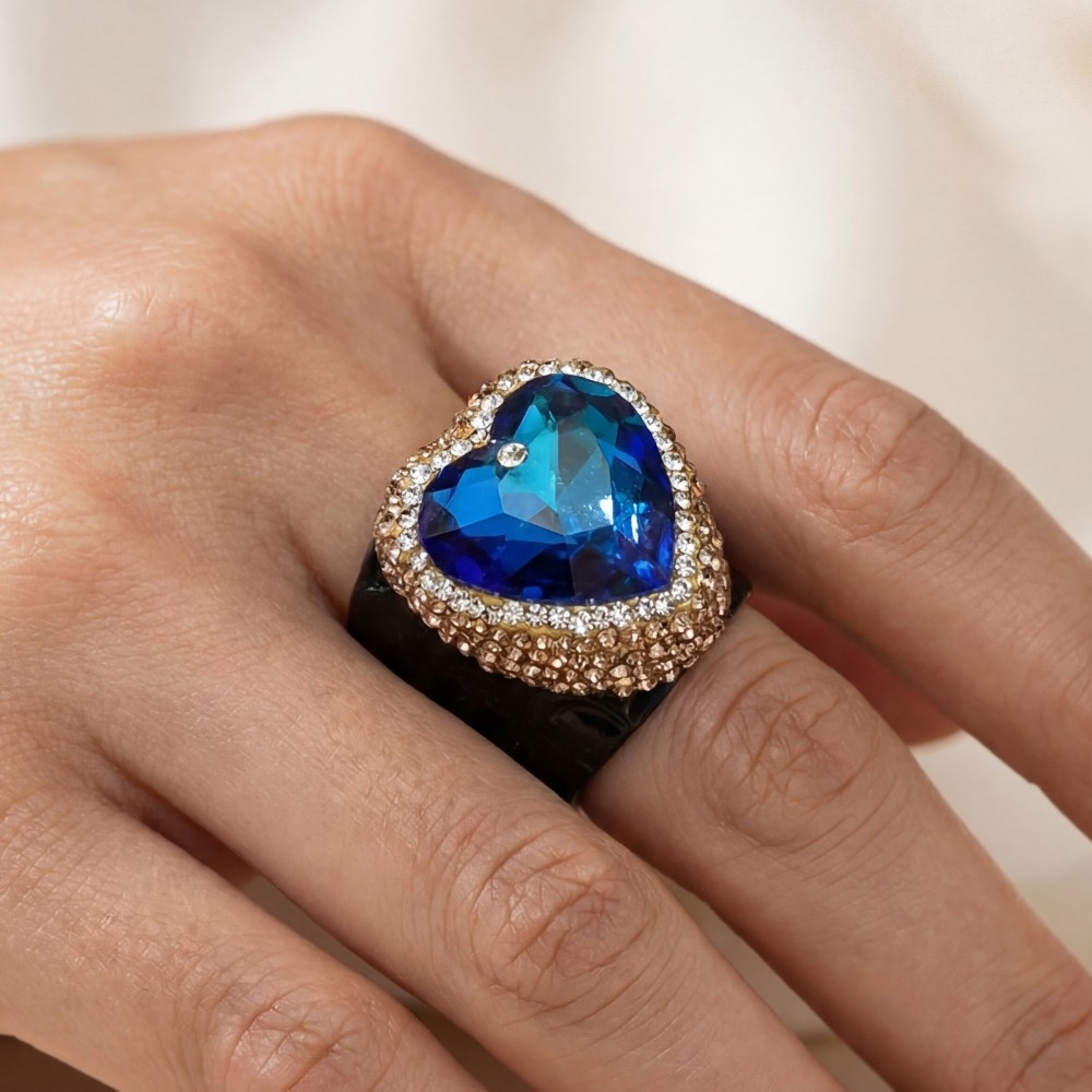 Heart Shaped Blue Crystal Pave Statement Ring