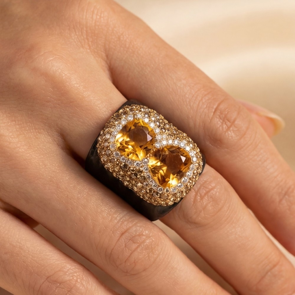 Pave Glass Crystal With Leather Band Statement Ring