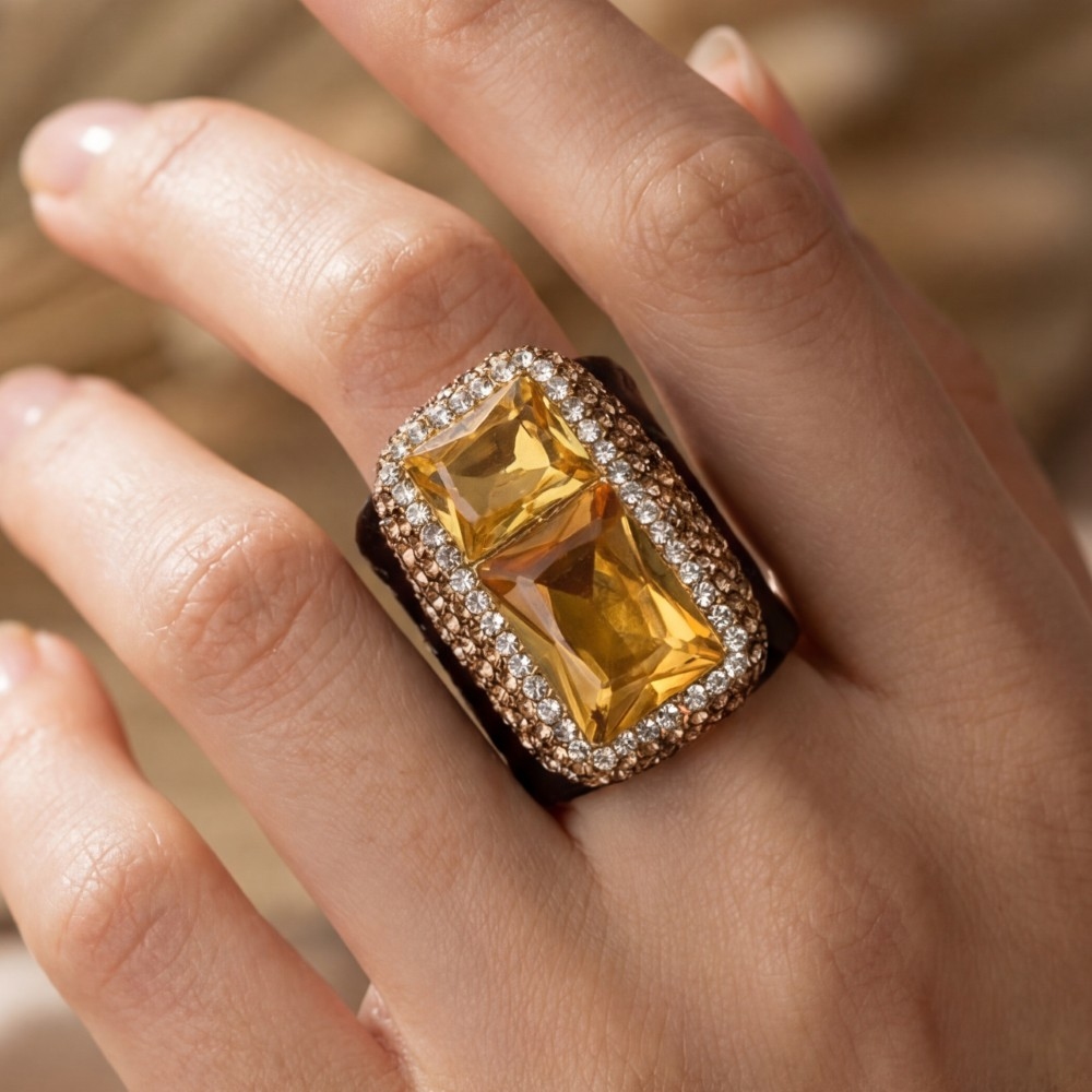 Two Crystal Stone With Leather Band Pave Statement Ring