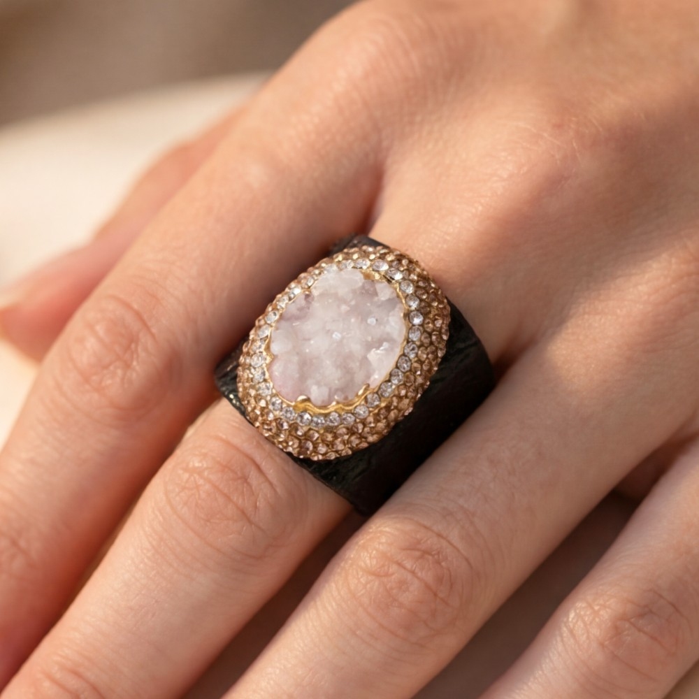 Pave Druzy Stone With Leather Band Statement Ring