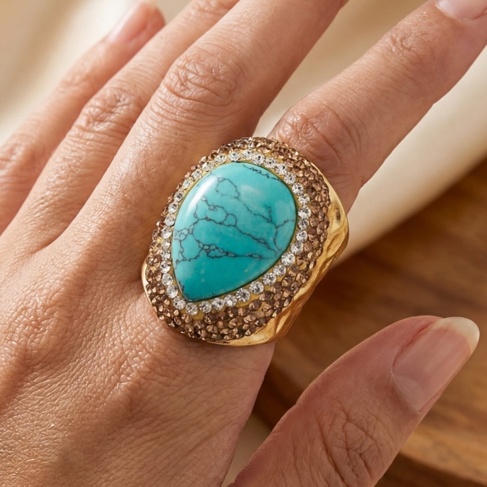 Pave Turquoise Stone Pave Gold Statement Ring