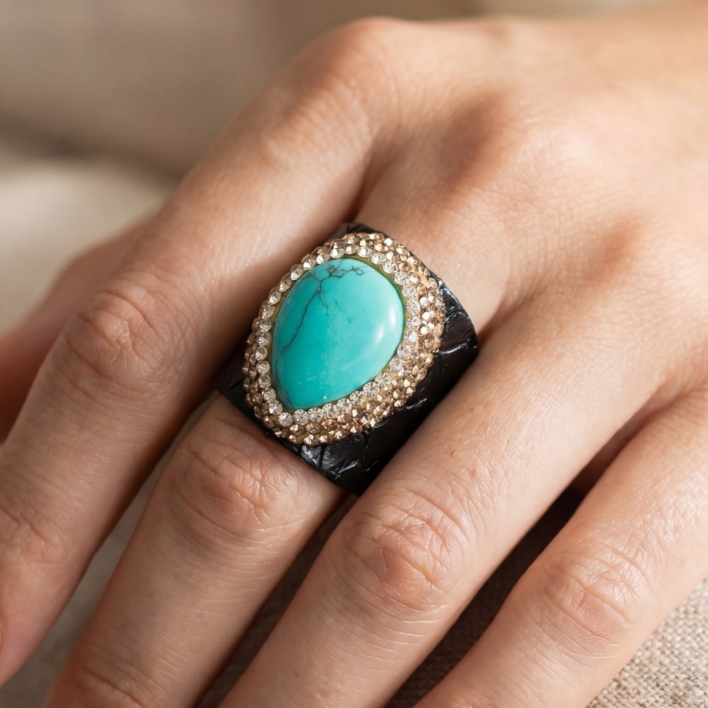 Pave Turquoise Stone Leather Band Statement Ring