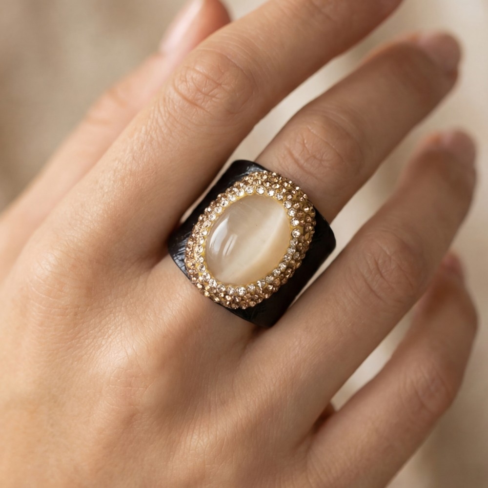 Leather Band Cymophane Stone Pave Statement Ring