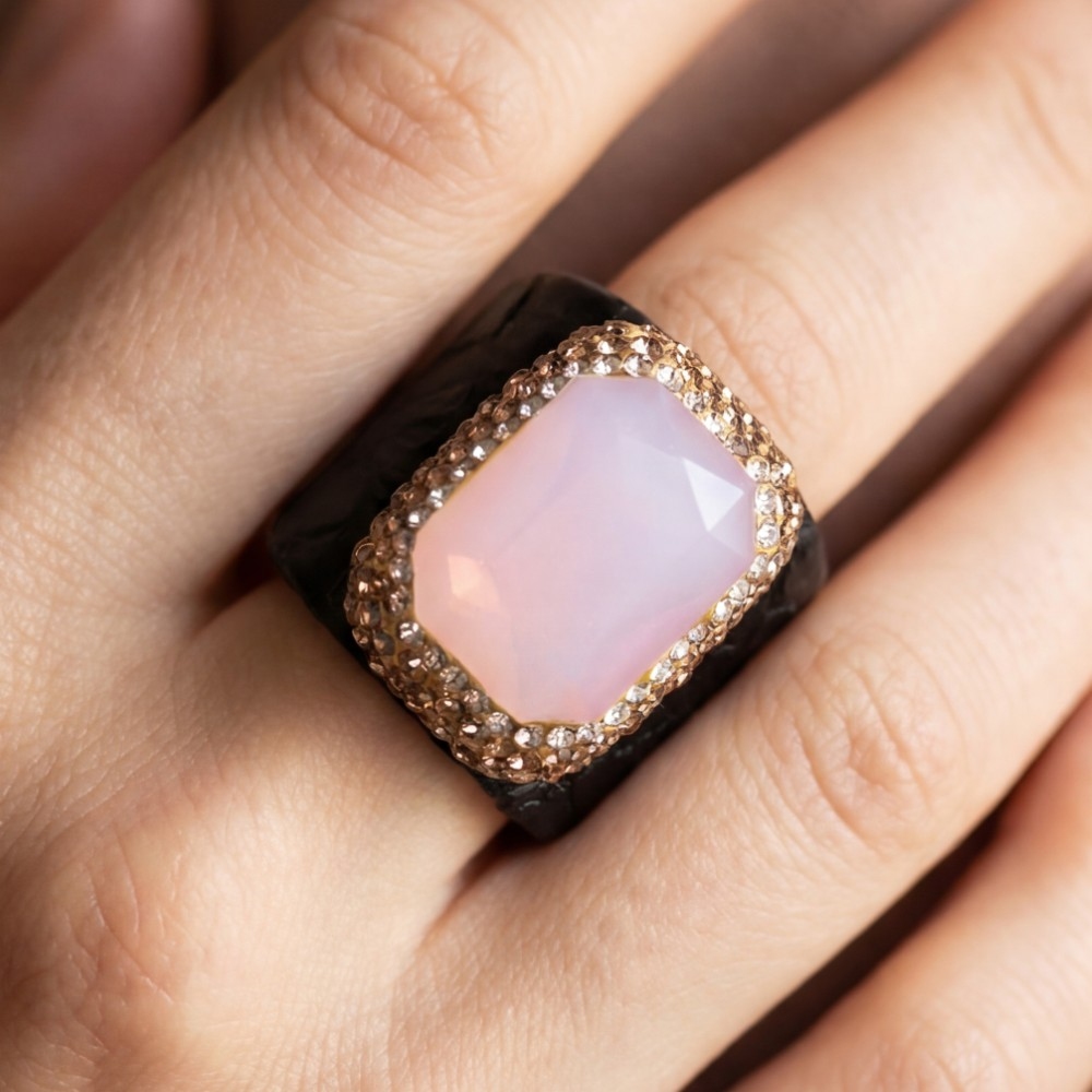 Faceted Opal Stone Pave Leather Band Statement Ring
