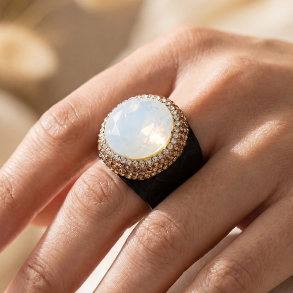 Opal Stone Leather Band Pave Statement Ring