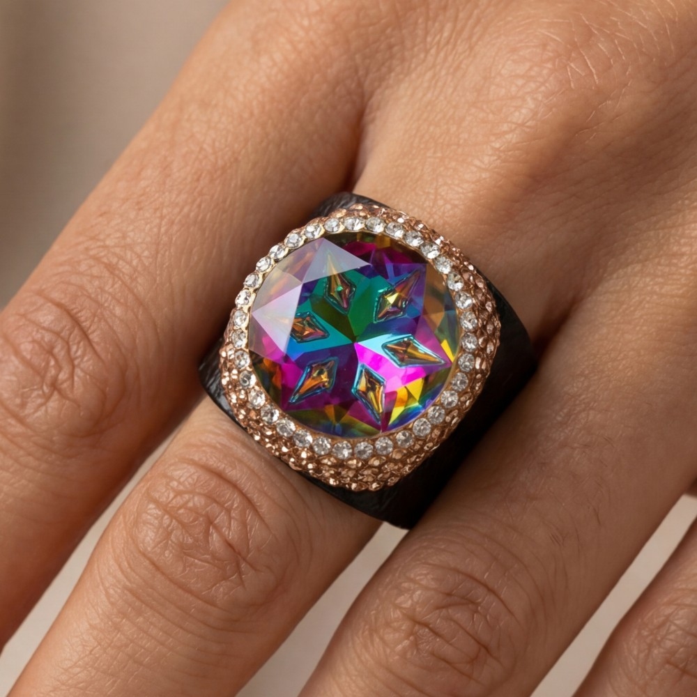 Round Faceted Crystal Stone Leather Band Statement Ring