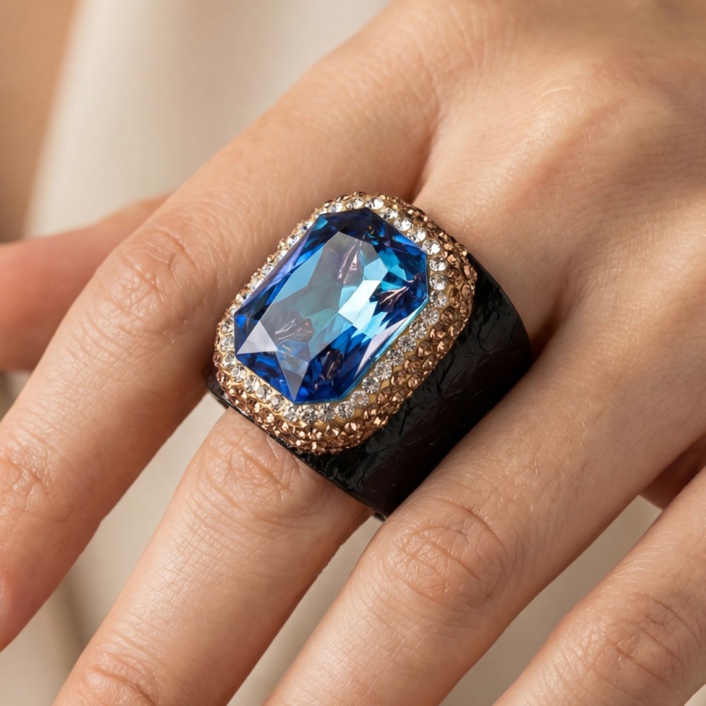 Pave Faceted Crystal Stone Leather Band Statement Ring