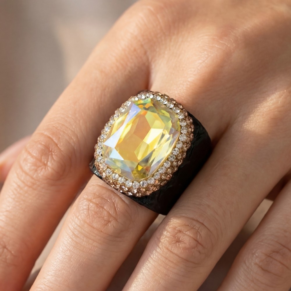 Pave Crystal Stone Leather Band Statement Ring