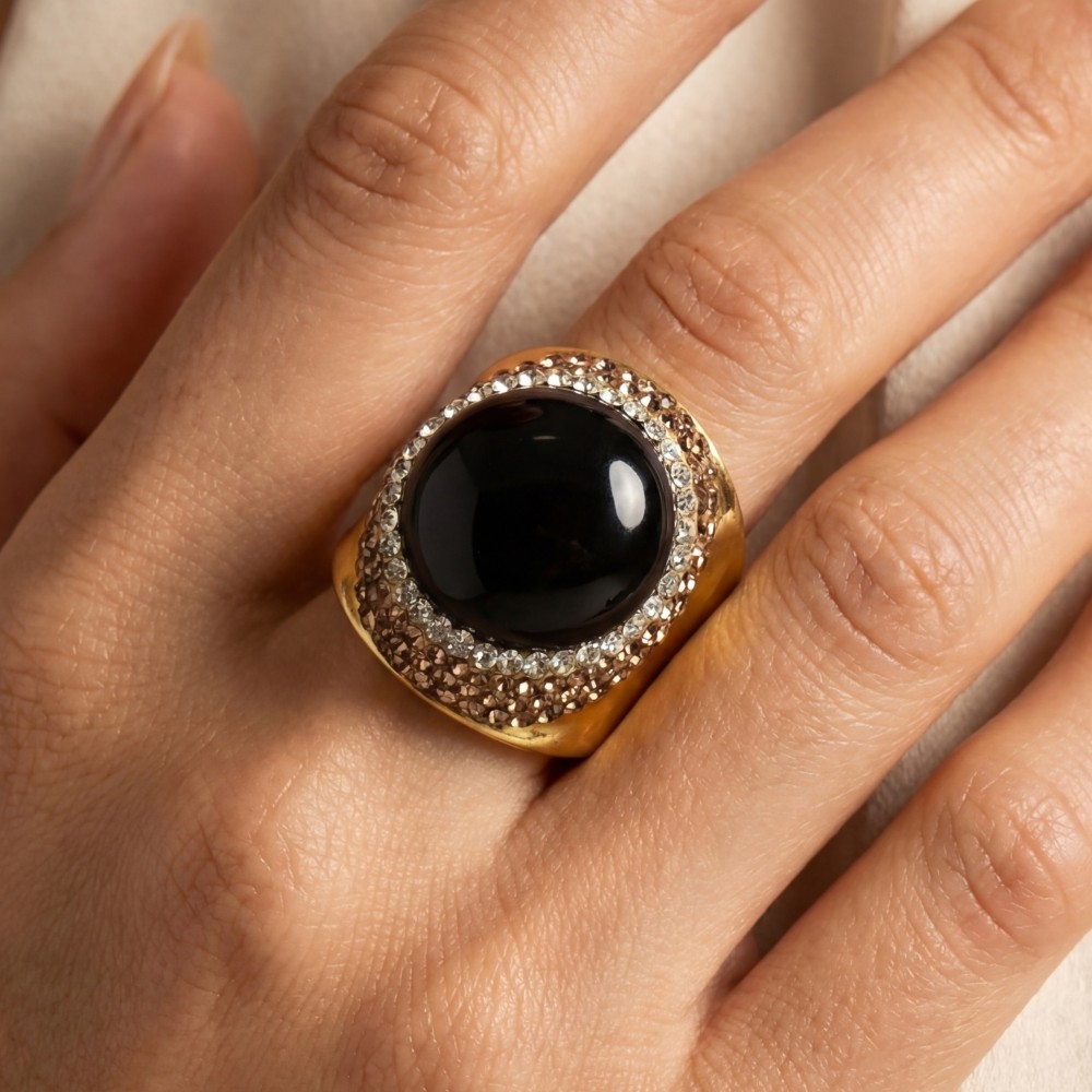 Round Onyx Stone Pave Statement Ring