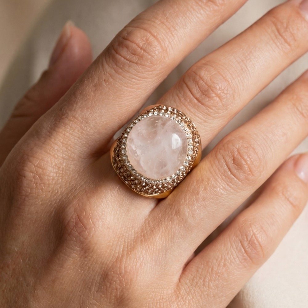 Rose Quartz Stone Pave Statement Ring