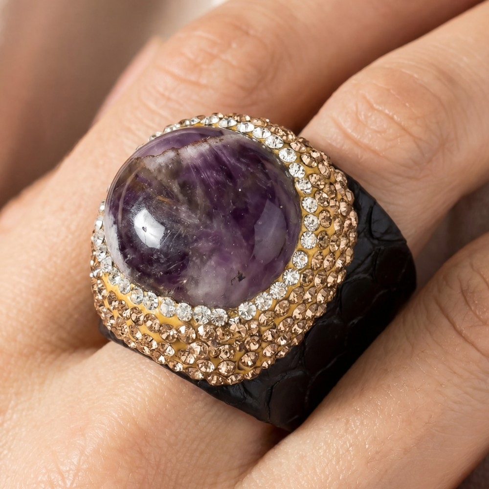 Amethyst Stone Pave Leather Band Ring