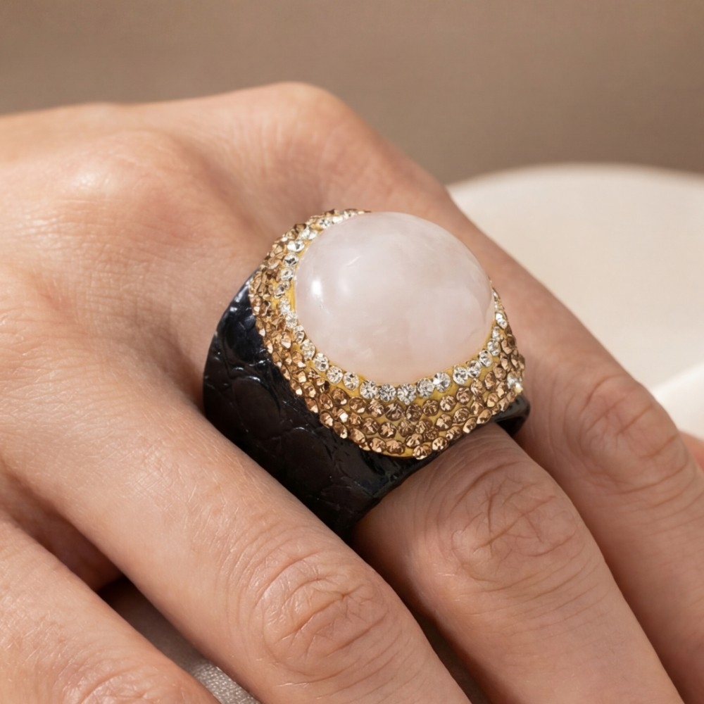 Rose Quartz Stone Pave Leather Band Ring