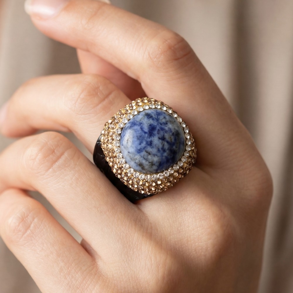 Blue Spot Jasper Stone Pave Leather Band Statement Ring