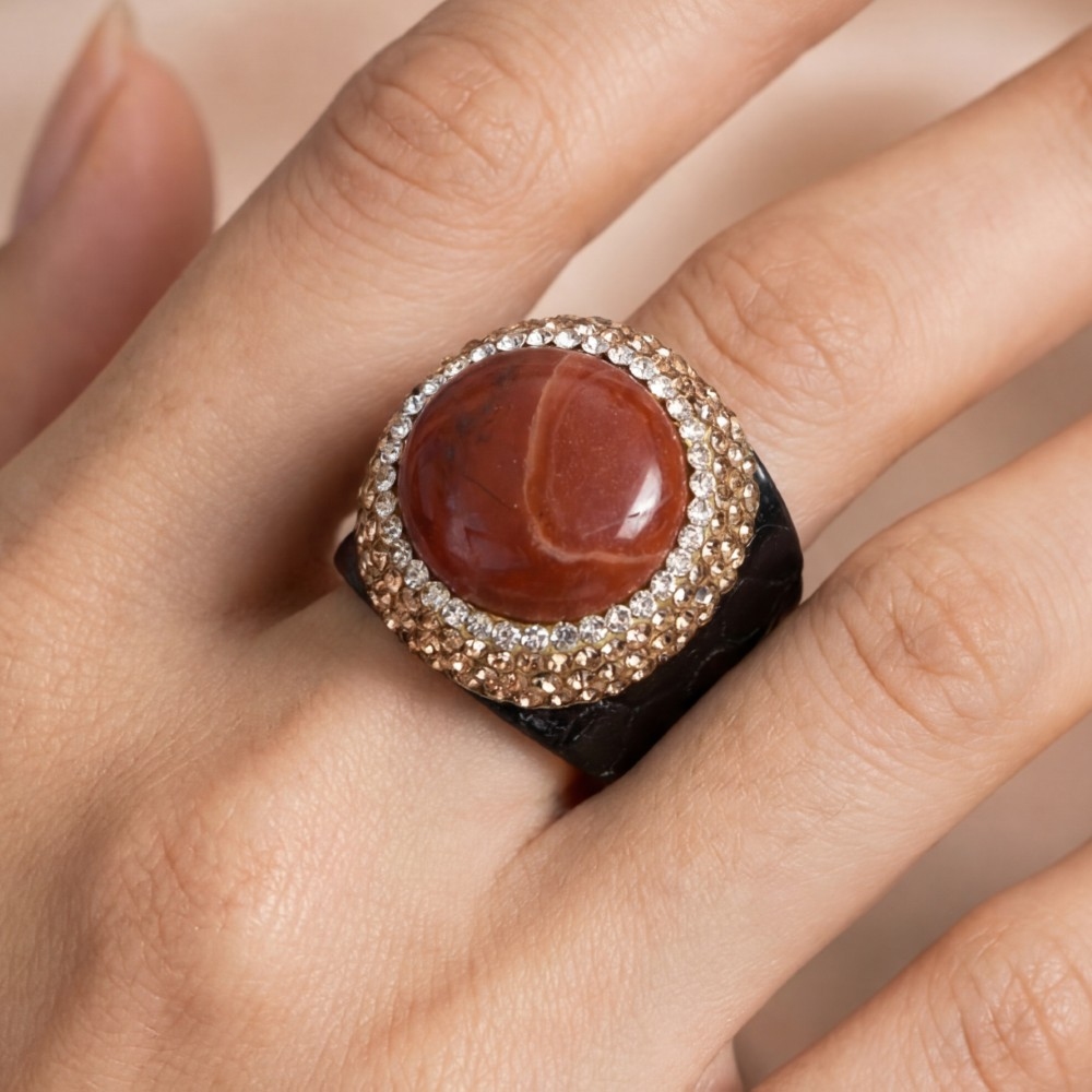 Red Jasper Stone Pave Leather Band Statement Ring