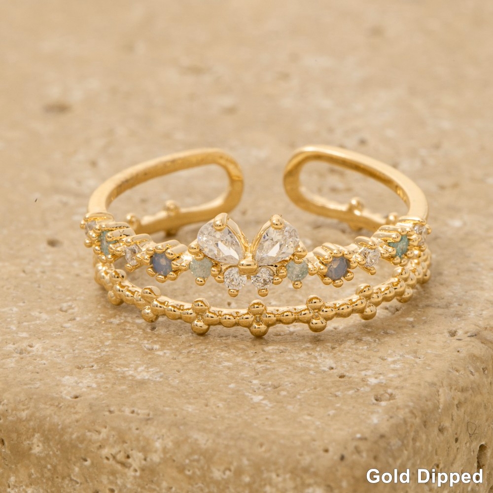 Gold Dipped Butterfly Cz Two Row Ring