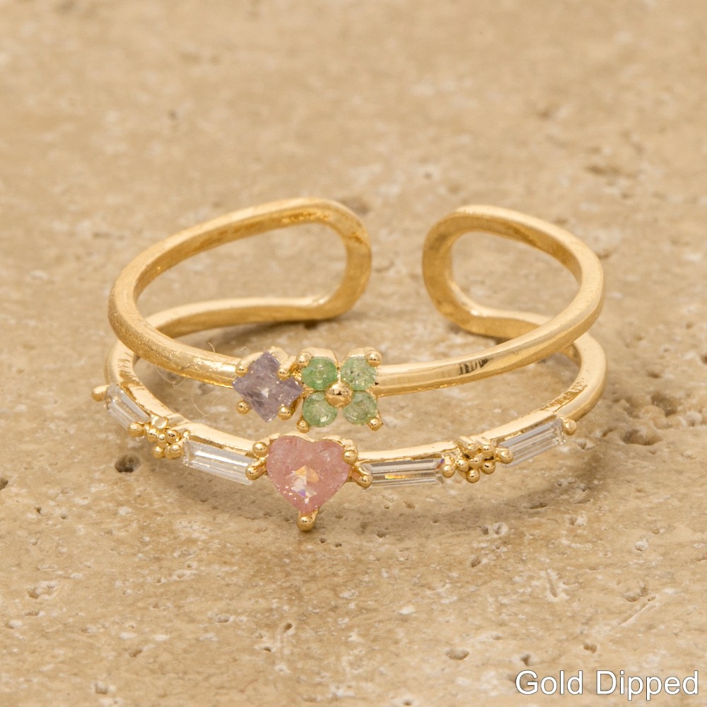 Gold Dipped Cz Heart And Flower Ring