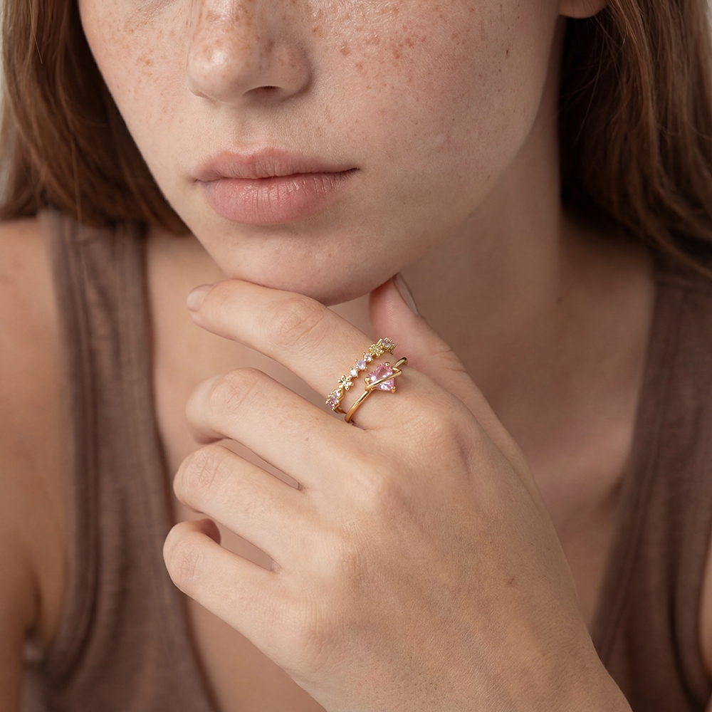 Gold Dipped Two Row Cz Heart Ring